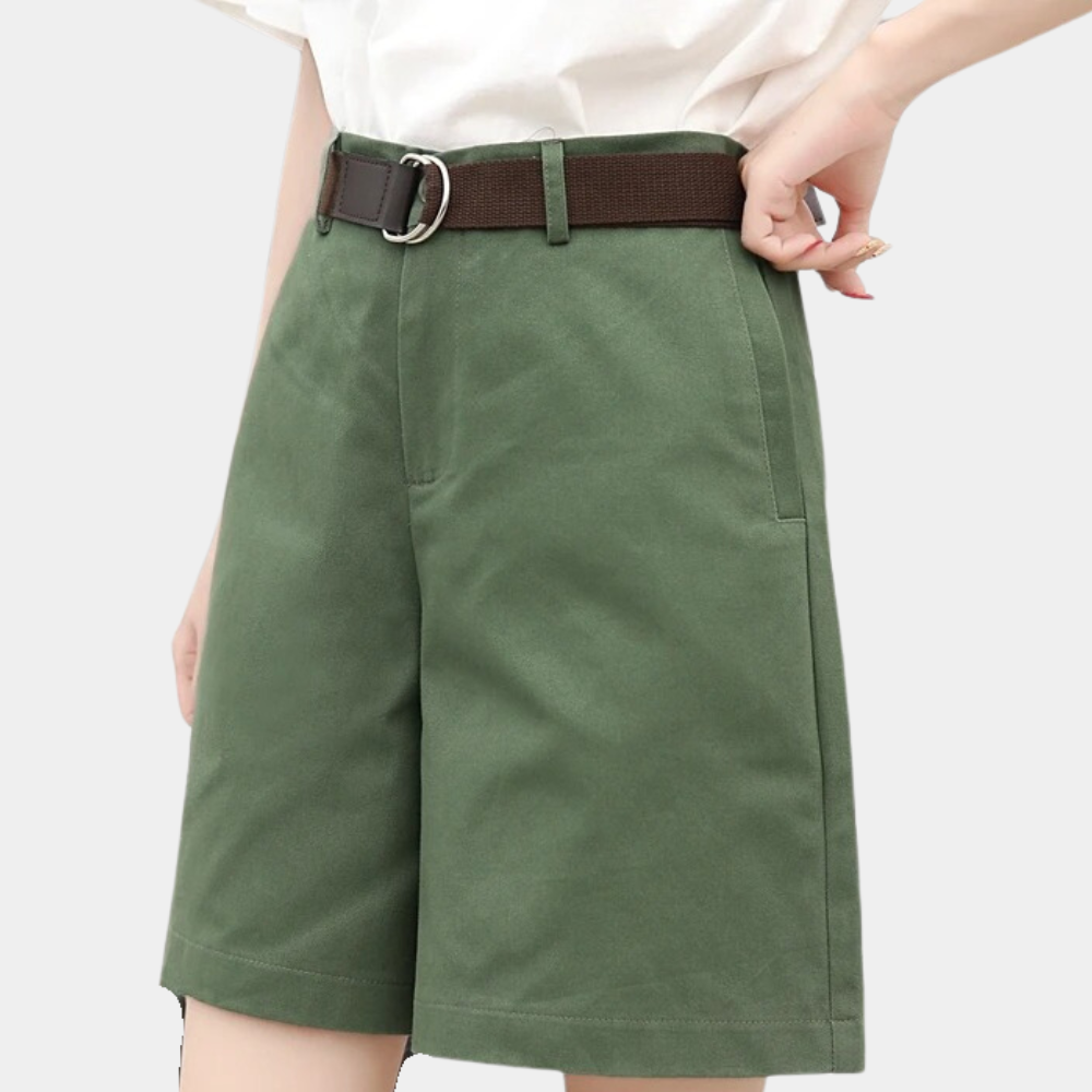 Women's casual straight-cut cotton shorts button closure comfortable everyday wear versatile neutral style
