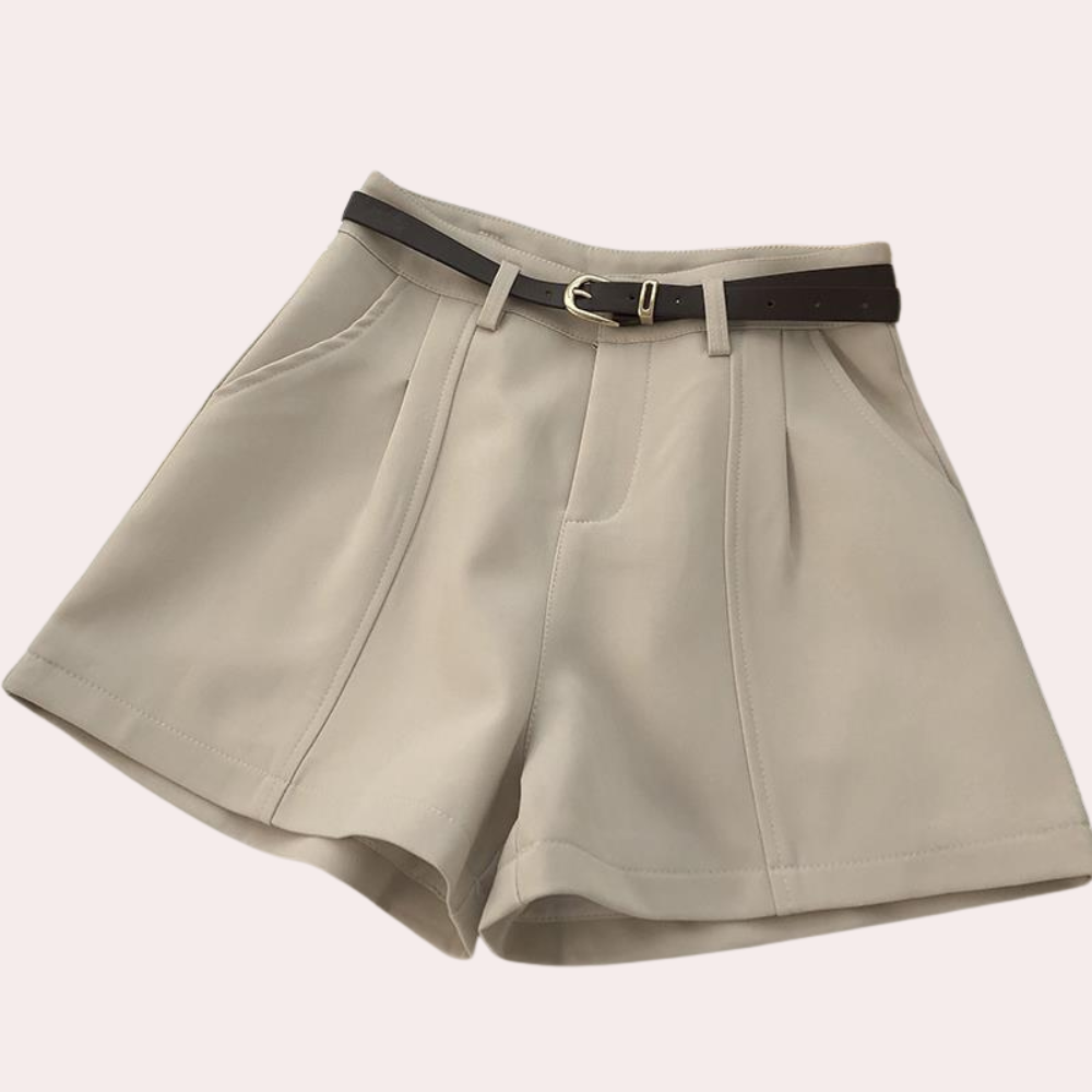 Viola beige wide-leg shorts with belt, elegant tailored cut for office and casual wear