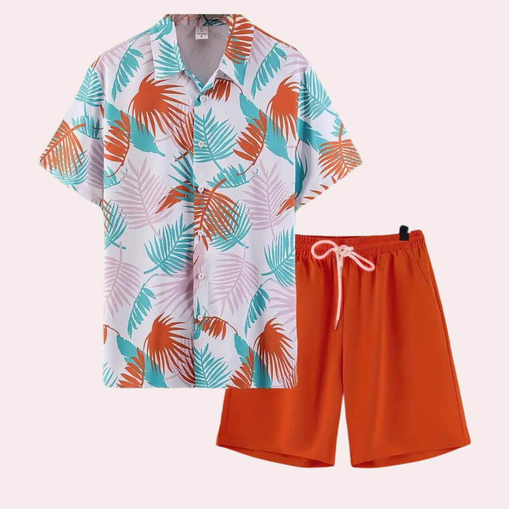 Men's blue Hawaiian two-piece cotton set lightweight breathable short sleeve shirt and shorts beach vacation