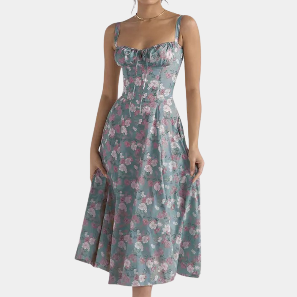Floral midi A-line dress with spaghetti straps, lightweight breezy summer style and sweet neckline