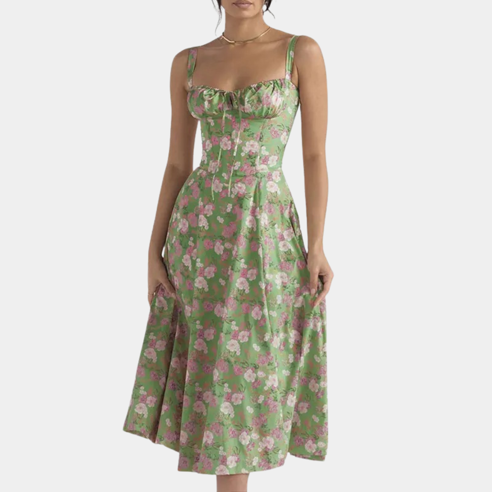 Floral midi A-line dress with spaghetti straps, lightweight breezy summer style and sweet neckline for women