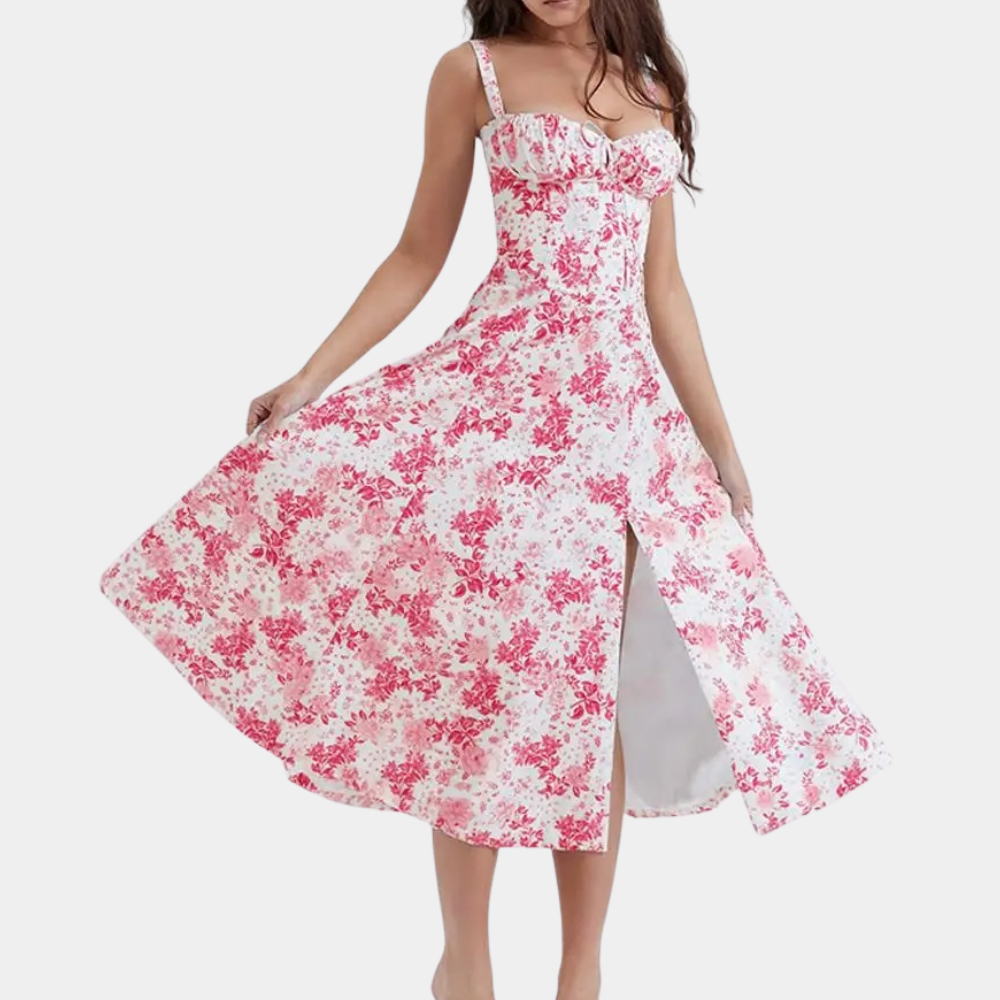 Floral midi A-line dress with spaghetti straps, lightweight breezy summer style and sweet neckline for women