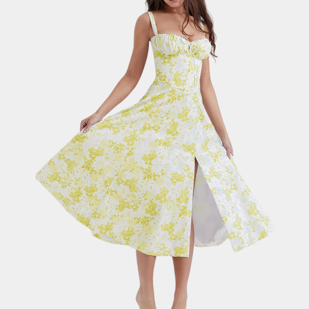 Floral midi A-line dress with spaghetti straps, lightweight breezy summer style for women