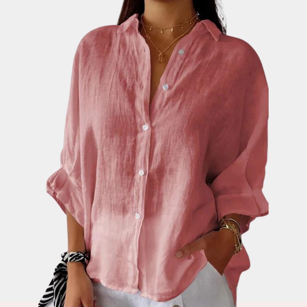 Women's oversized lightweight linen-blend shirt long sleeves button closure breathable relaxed fit