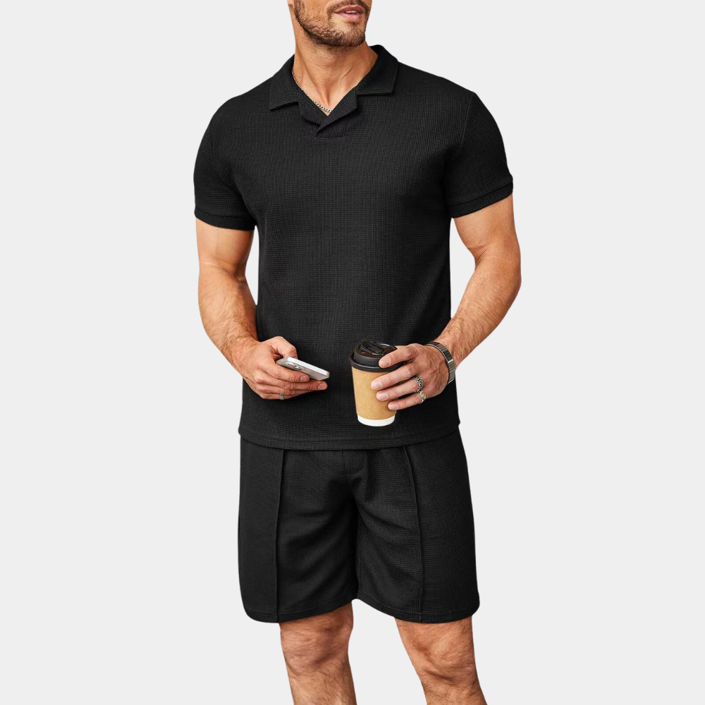 Men's blue cotton two-piece matching set casual relaxed fit breathable lightweight everyday comfort