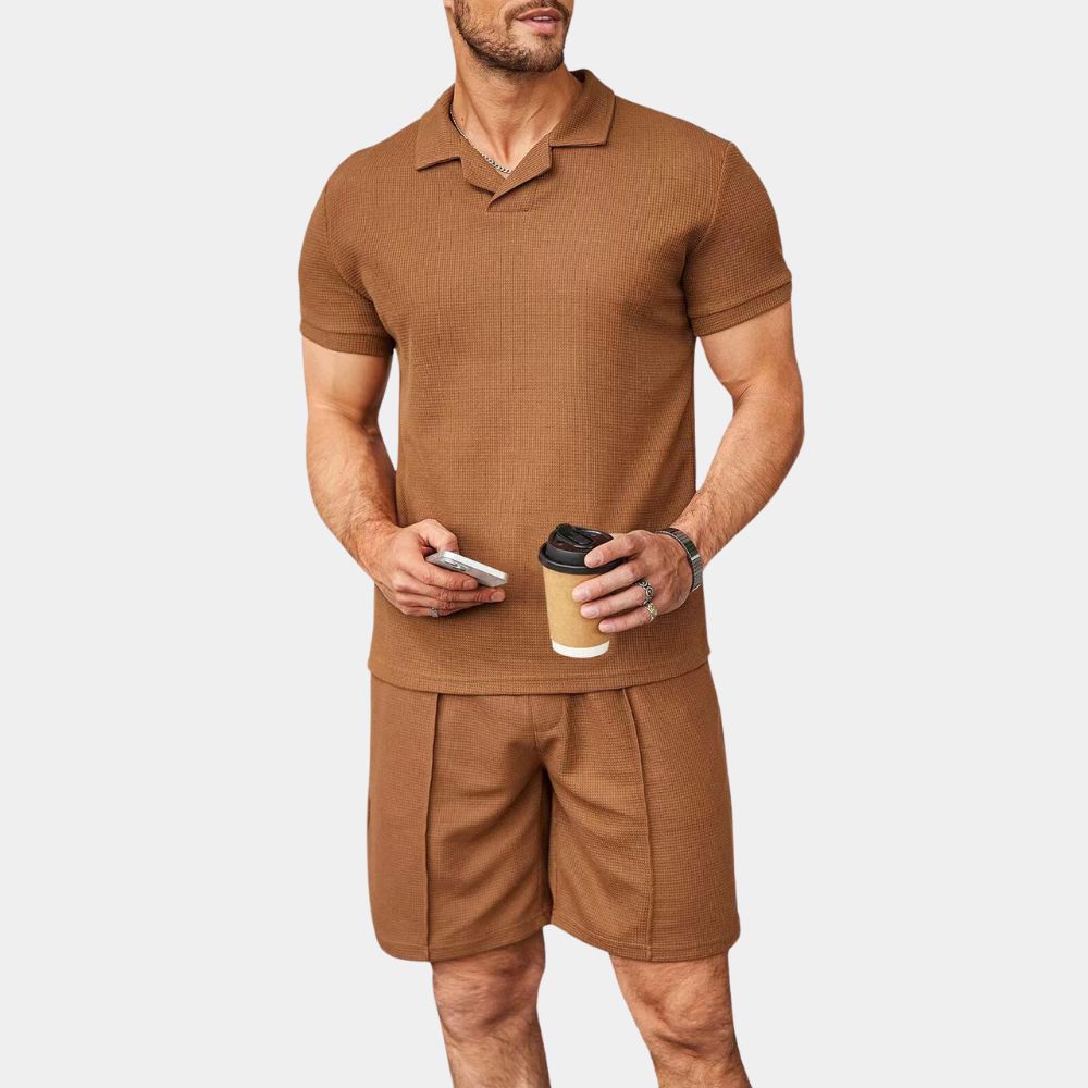 Men's blue cotton two-piece matching set casual relaxed fit breathable lightweight everyday streetwear
