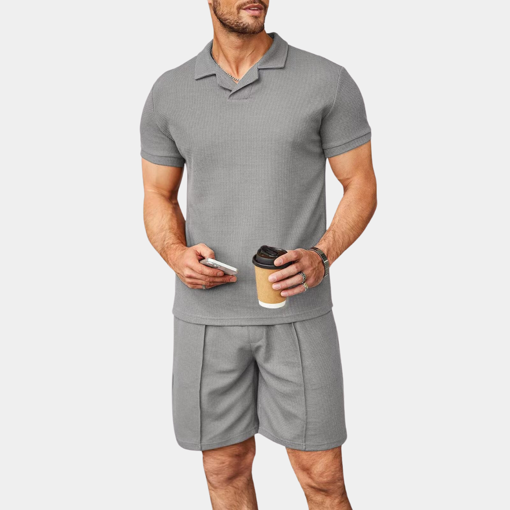 Men's blue cotton two-piece matching set casual relaxed fit breathable everyday coordinated outfit