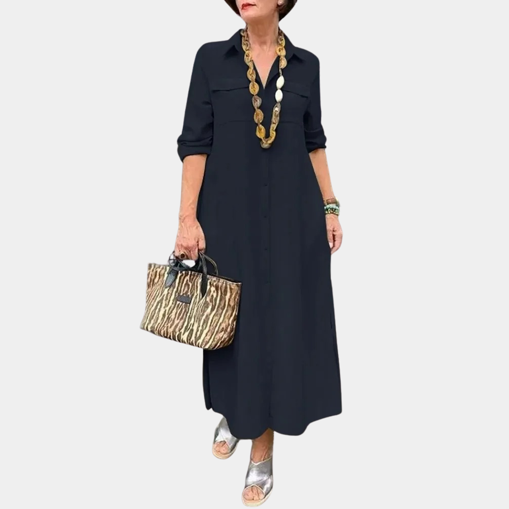 Women's maxi shirt dress in versatile solid tones, tailored silhouette with functional chest pockets