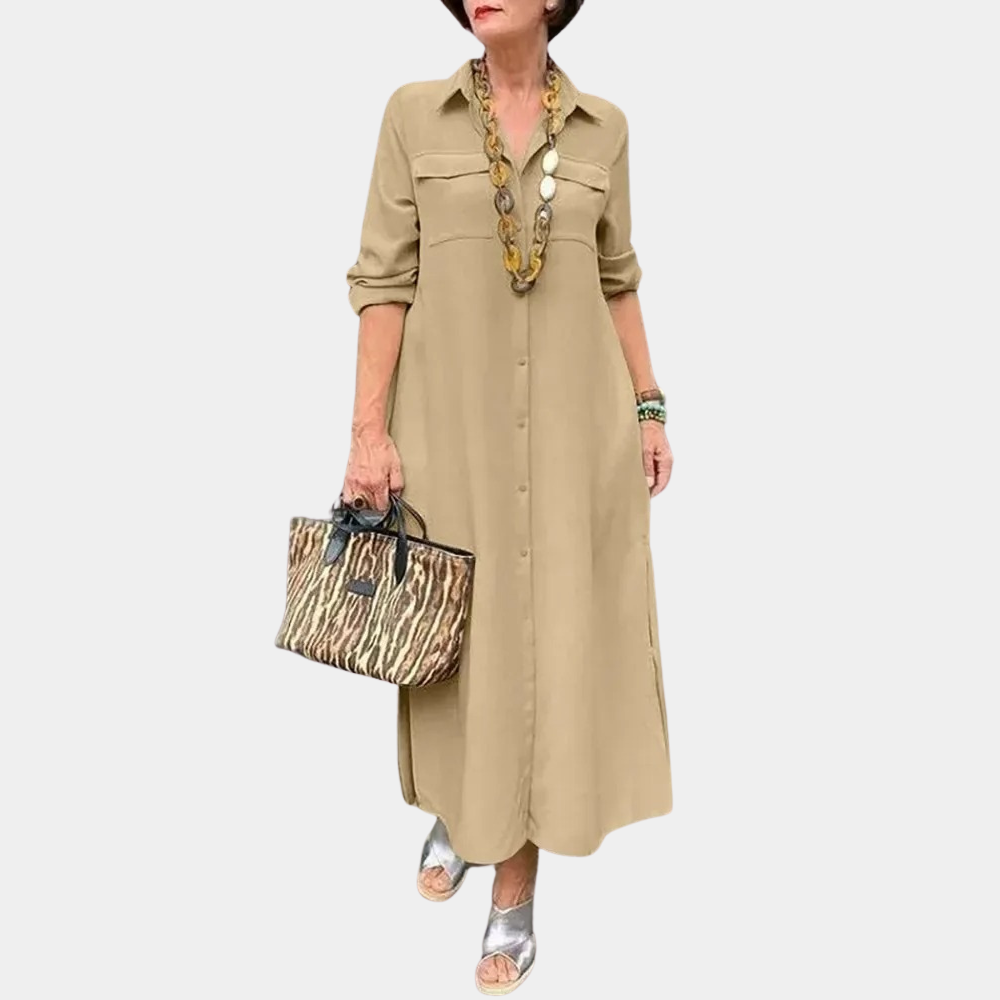 Women's maxi shirt dress in versatile everyday style, tailored silhouette with functional chest pockets