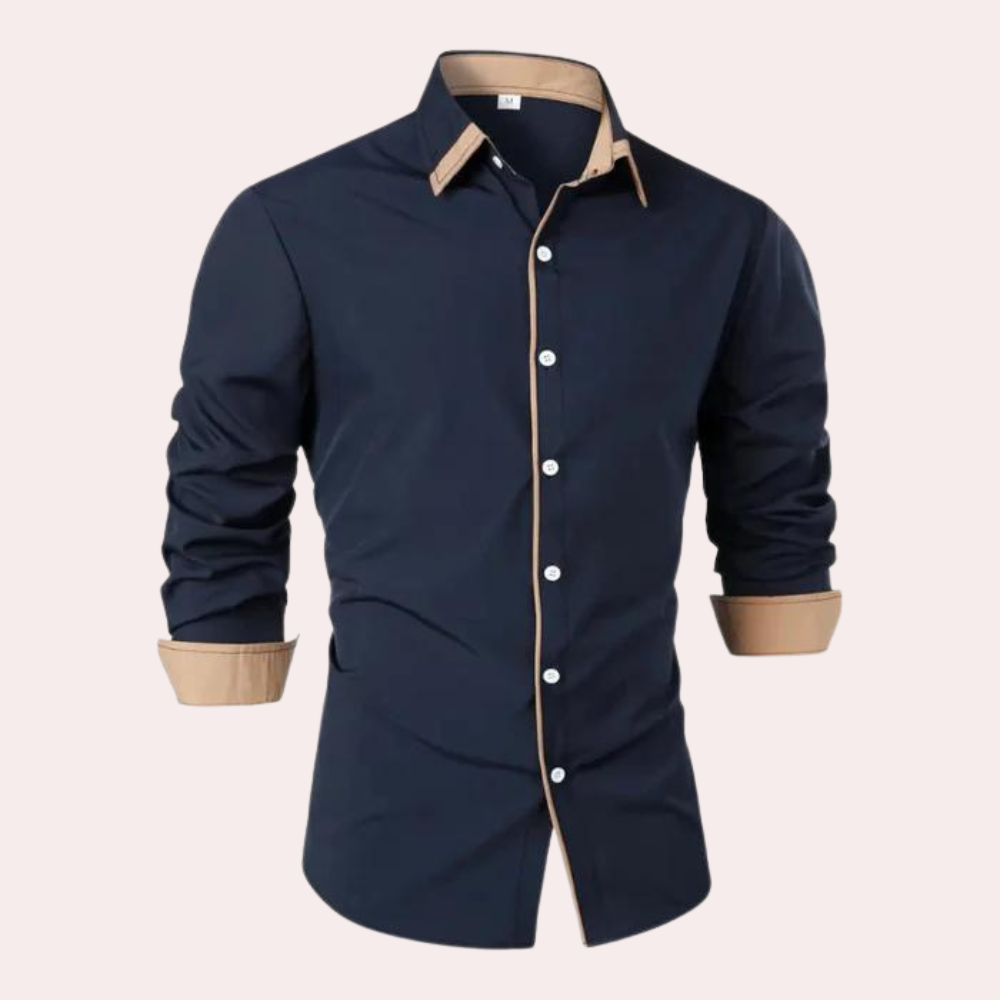 Men's slim fit black dress shirt with tan contrast collar and cuffs, long-sleeve professional style
