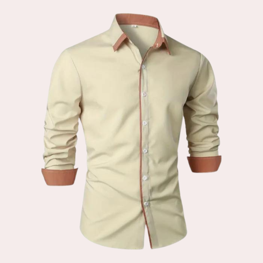 Men's slim fit black long-sleeve shirt with tan contrast collar and cuffs for a polished look