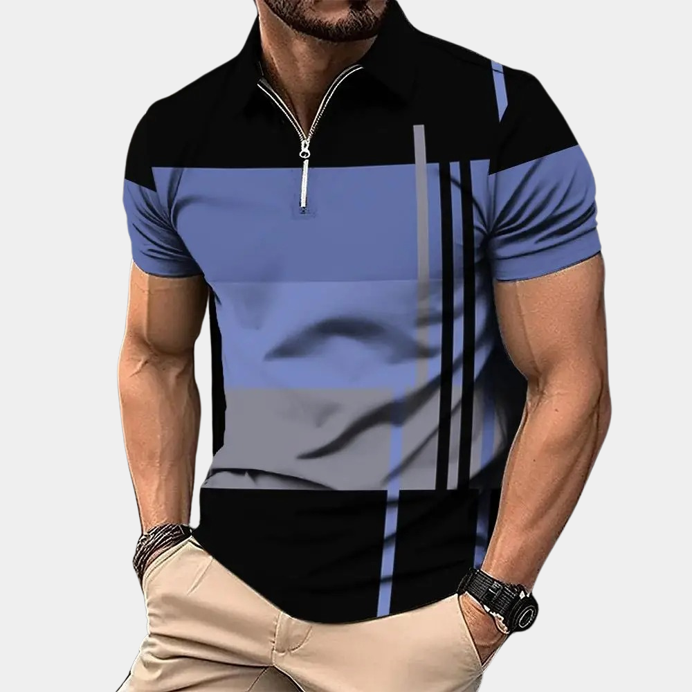 Men's slim fit polo shirt with zipper closure, short sleeves, and modern pattern for a polished look