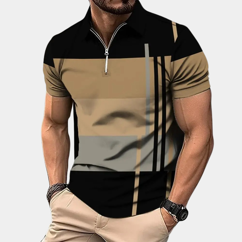Men's slim fit polo shirt with zipper closure, short sleeves, breathable fabric, and modern pattern design