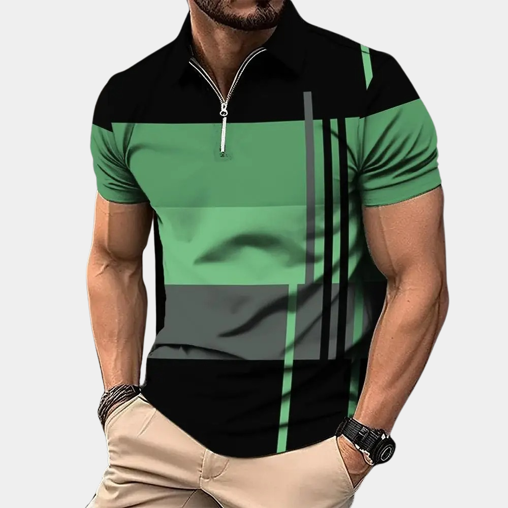 Men's slim fit polo shirt with zipper closure, breathable fabric, short sleeves, and modern pattern design