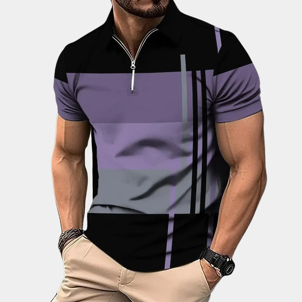 Men's slim fit polo shirt with zipper closure, short sleeves, breathable fabric, and modern pattern design
