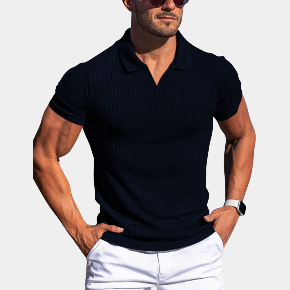 Men's slim fit cotton polo shirt with ribbed collar design in classic neutral tone