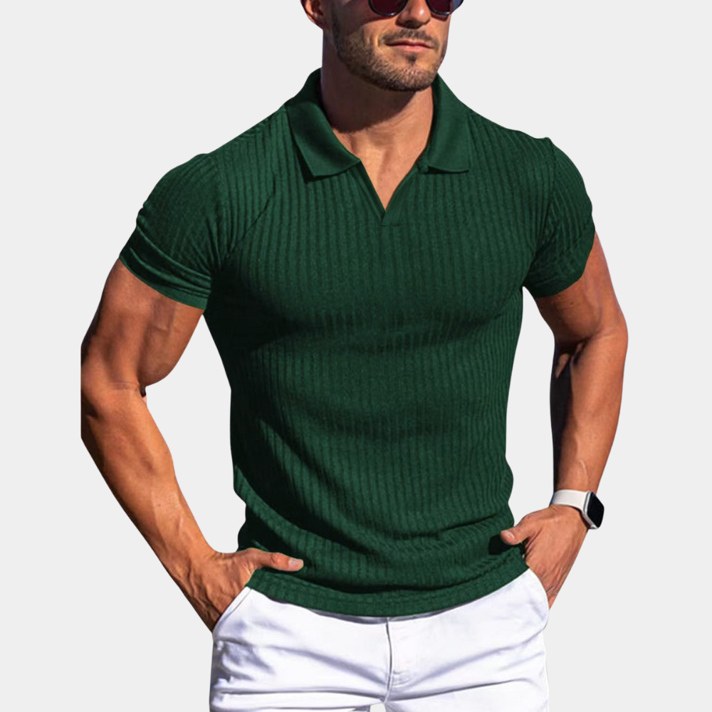 Men's slim fit cotton polo shirt with ribbed collar design in classic breathable fabric for smart casual style