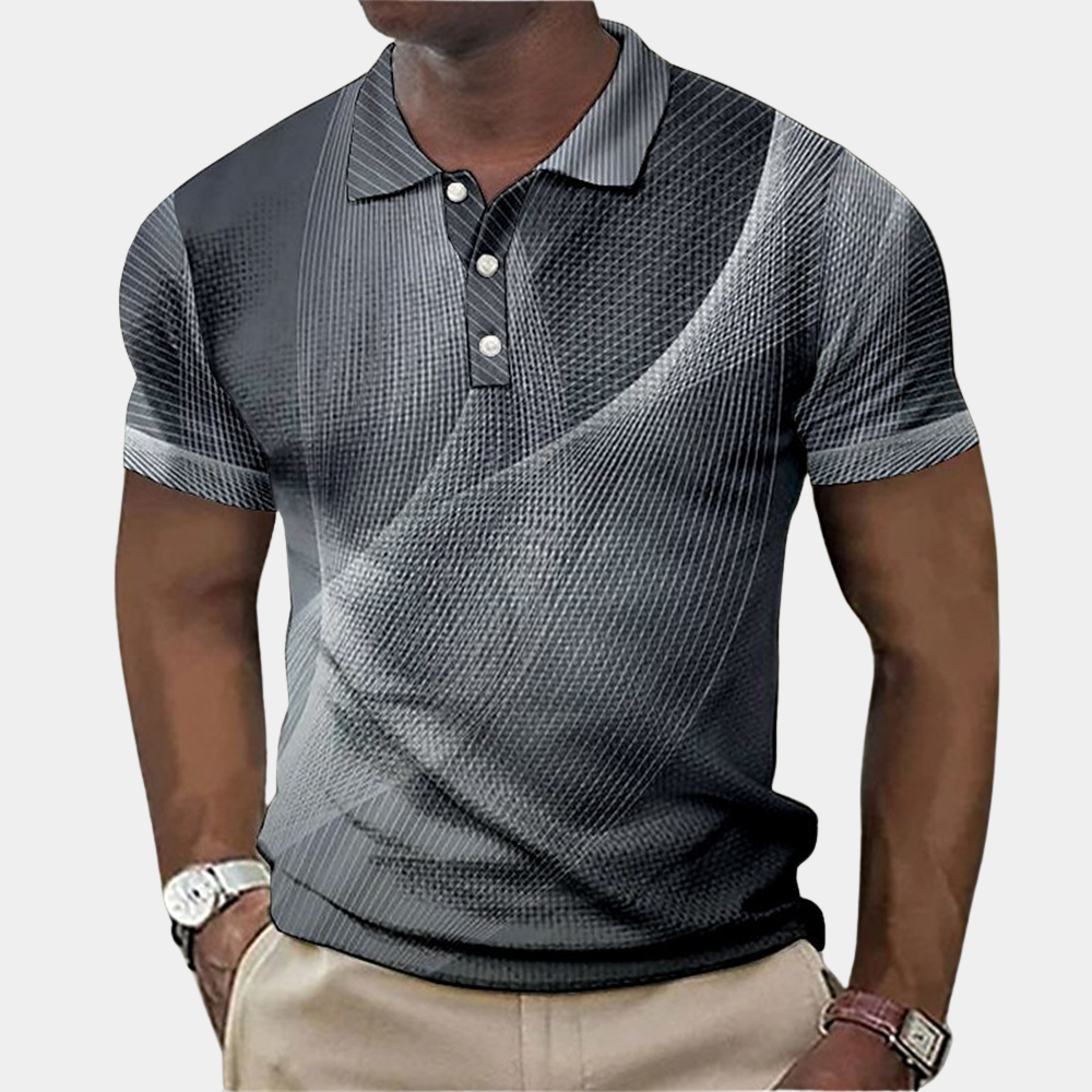 Men's slim fit polo shirt with textured Nordic pattern, classic collar, short sleeve versatile essential