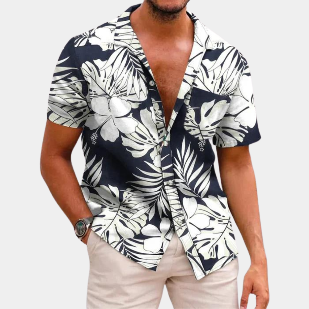 Men's relaxed fit short sleeve button-front shirt tropical leaf print summer vacation style