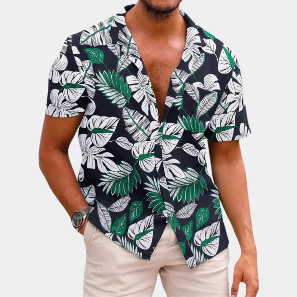 Men's relaxed fit tropical leaf print short sleeve button-front shirt for summer casual wear
