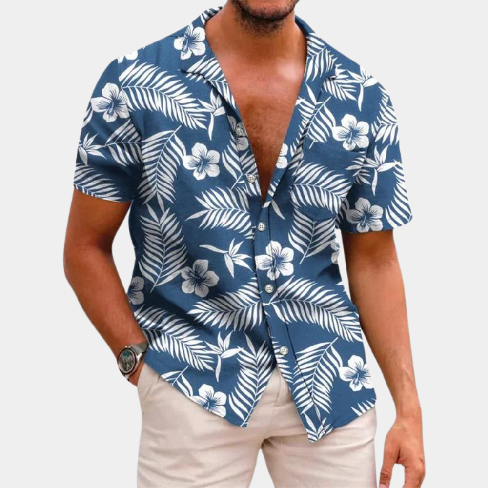 Men's relaxed fit short sleeve button-front shirt with vibrant tropical leaf print for summer