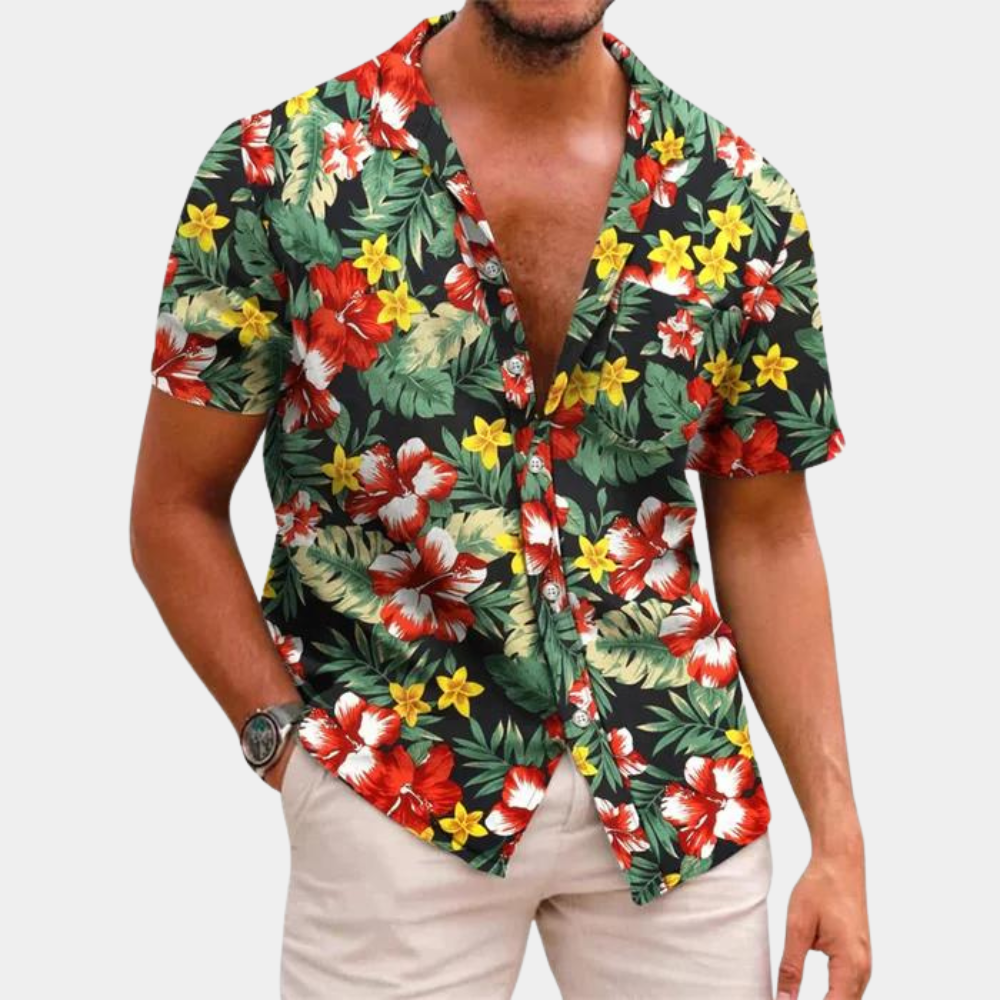 Men's tropical leaf print short sleeve button-front shirt relaxed fit breathable summer vacation style