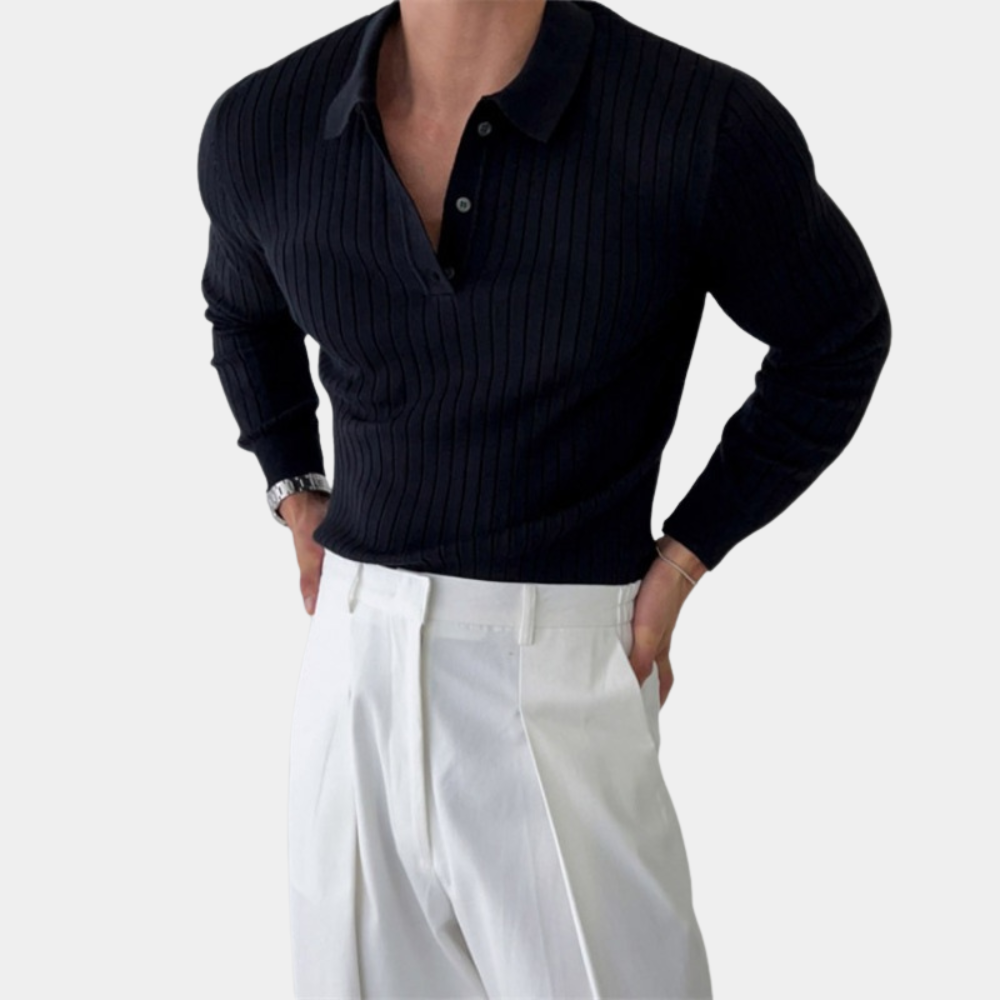 Men's slim fit ribbed knit polo sweater with classic collar, long sleeve, structured texture