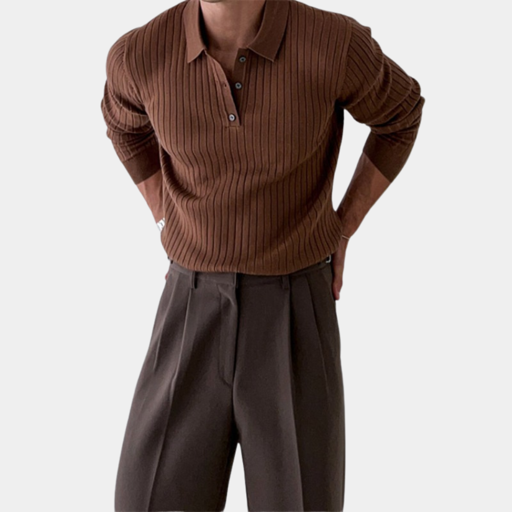 Men's ribbed knit polo sweater long sleeve cotton blend elegant modern slim fit