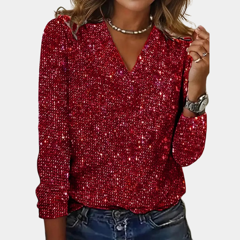Women's all-over sequin blouse V-neck long sleeve festive evening top with full shimmer coverage