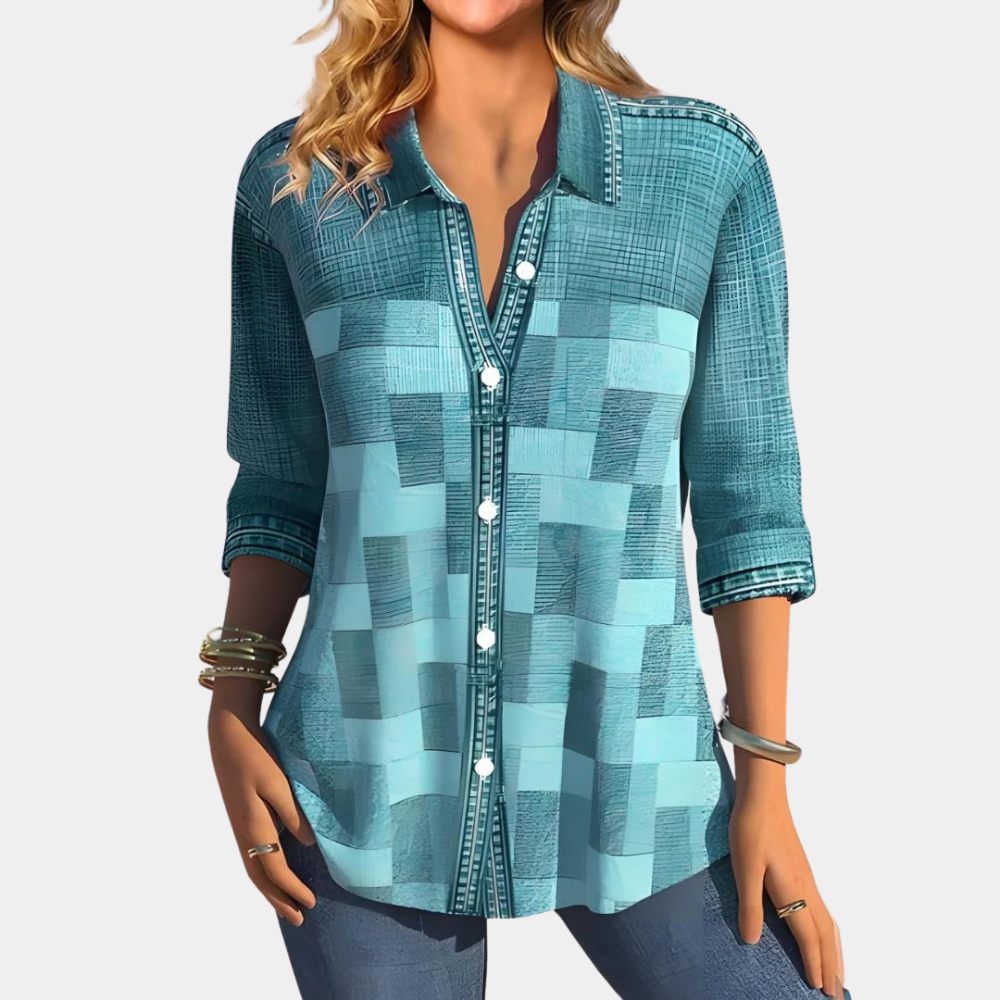 Women's relaxed-fit long-sleeve patchwork checked shirt with button closure for everyday comfort