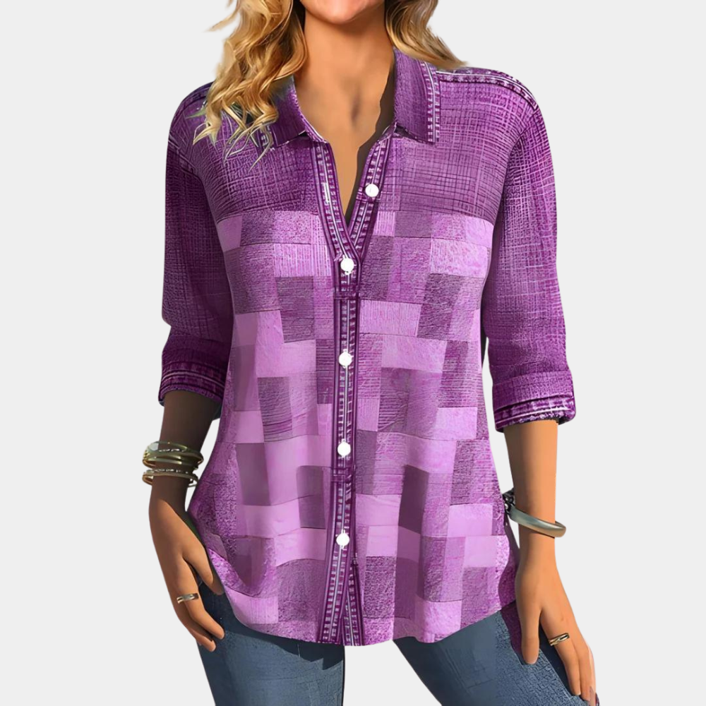 Women's relaxed-fit long-sleeve patchwork checked shirt with button closure for everyday comfort