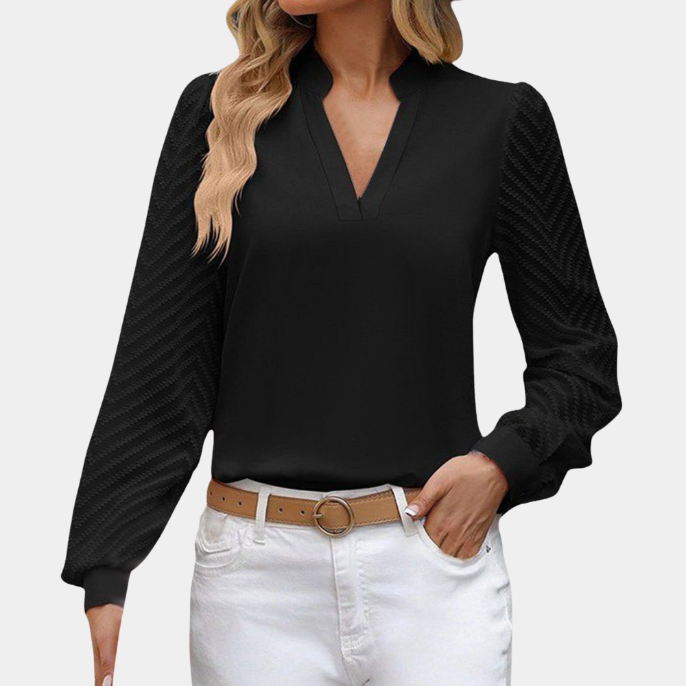 Women's white V-neck blouse with patterned long sleeves, lightweight elegant fit for versatile wear