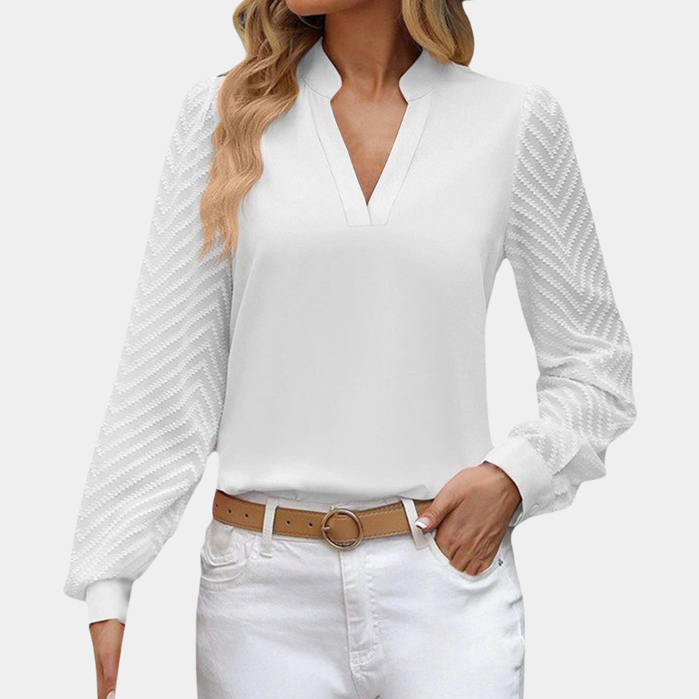 Women's light-fit V-neck blouse with elegant patterned long sleeves, breathable viscose blend