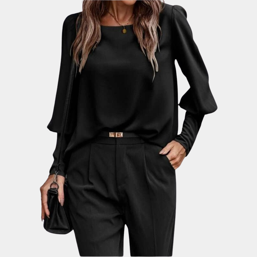 Nordic Flair women's blouse relaxed fit long puff sleeves classic round neck everyday versatile top