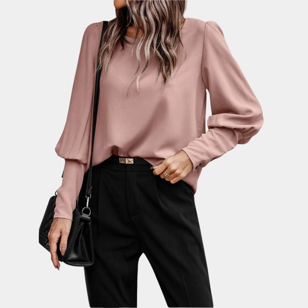 Women's elegant white round neck long sleeve blouse with classic silhouette in soft viscose blend