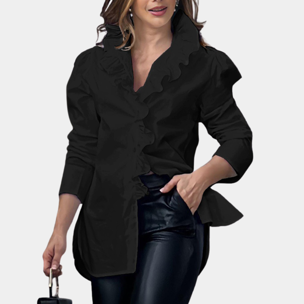 White ruffle collar blouse tailored fit long sleeve elegant professional women top