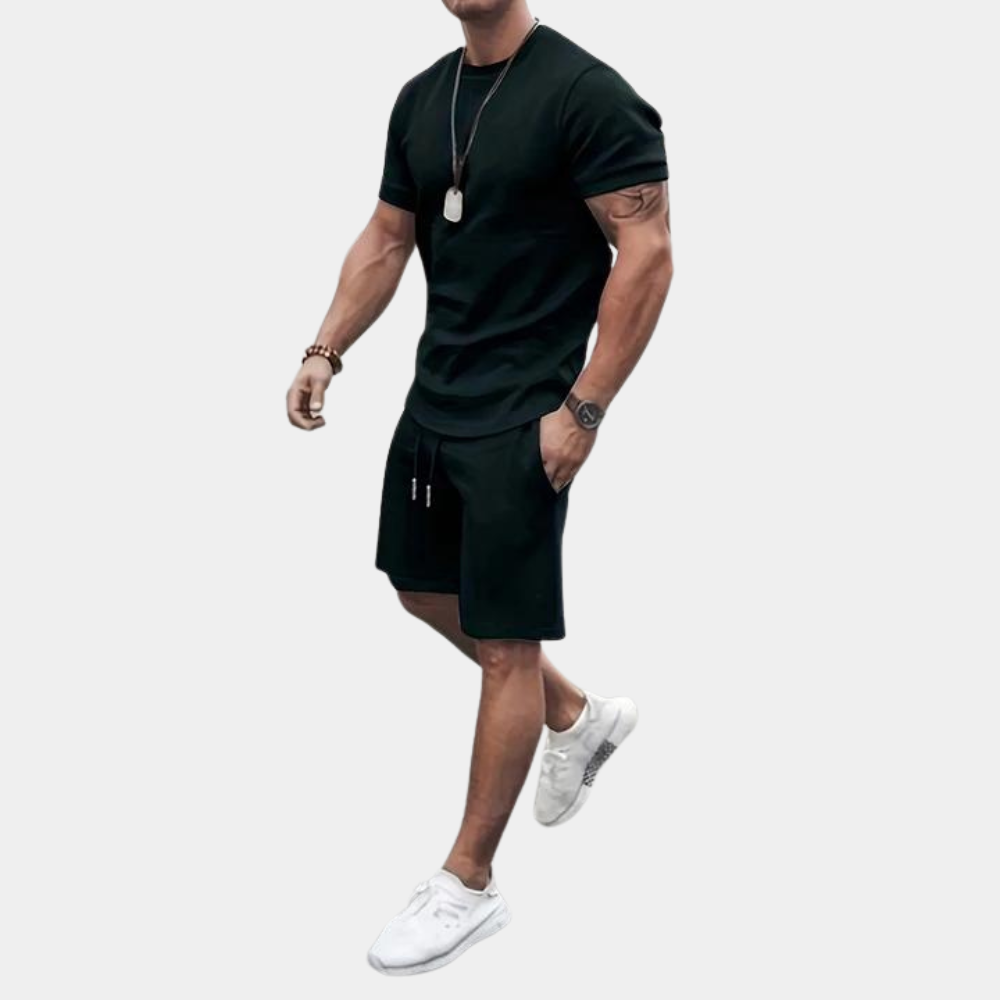 Men slim fit two-piece set short sleeve tee and shorts breathable cotton blend casual summer outfit