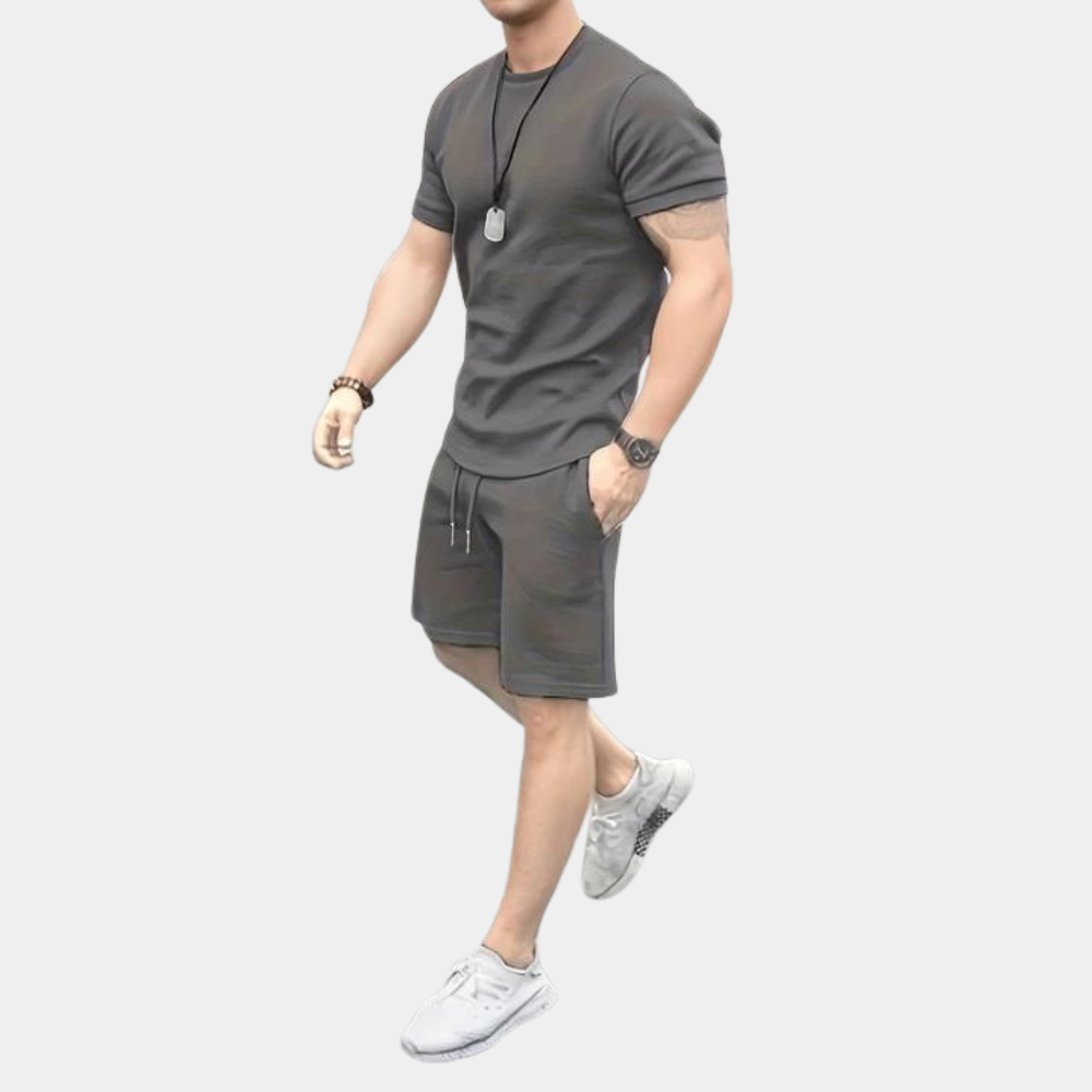 Men's slim fit two-piece matching set short sleeve tee and shorts breathable cotton summer casual outfit