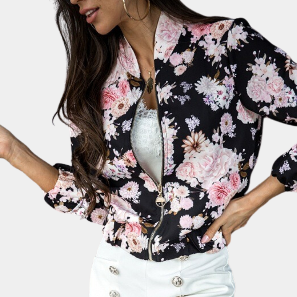 Ruby women's floral zip-up bomber jacket in soft pastel blooms, slim fit lightweight spring layer