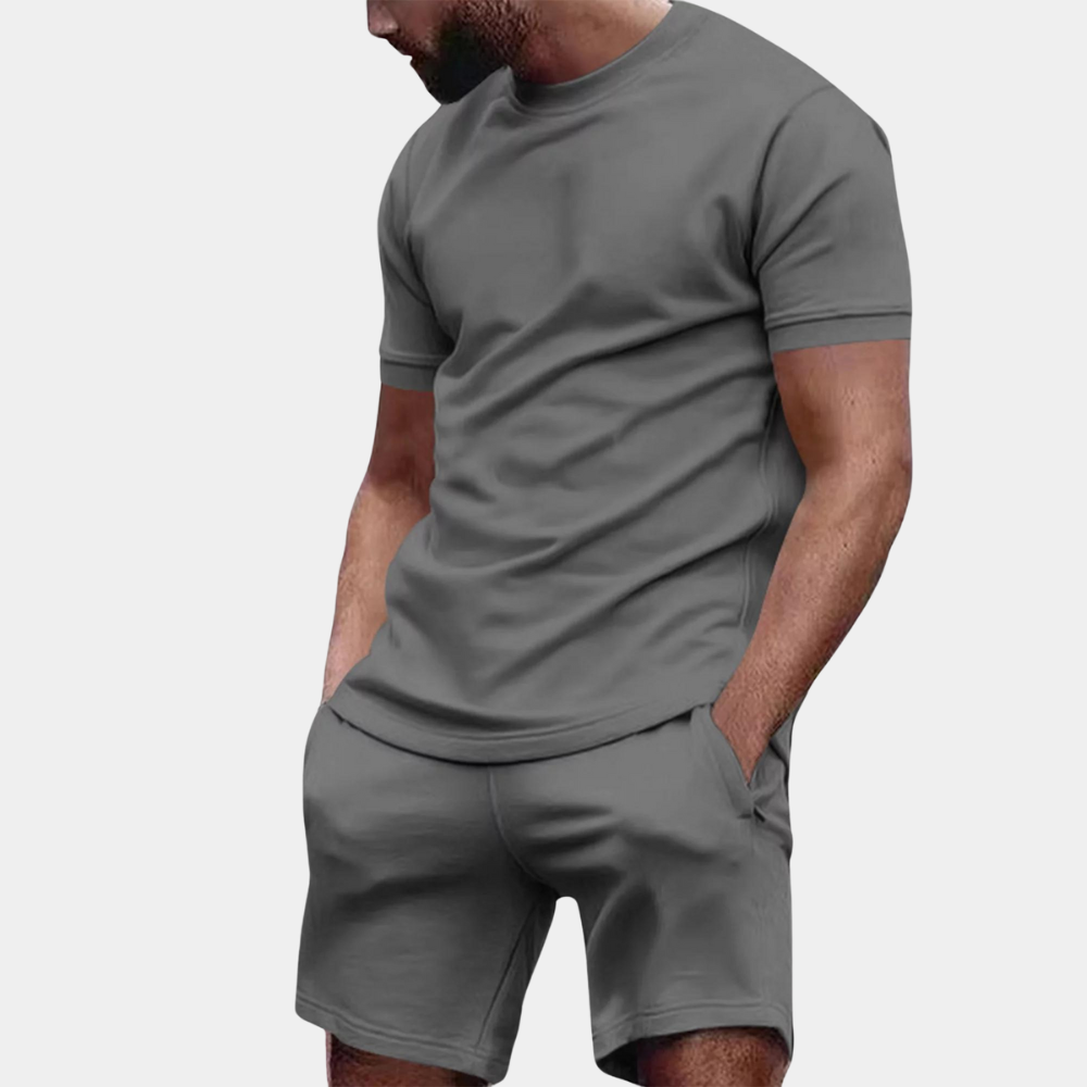 Men's gray cotton casual loungewear set with matching tee and shorts, minimalist relaxed fit