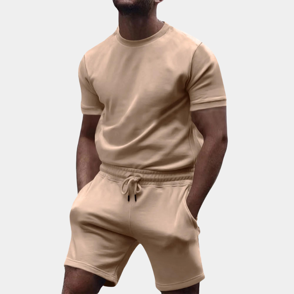 Men's gray cotton casual set lightweight tee and matching shorts minimalist loungewear two-piece