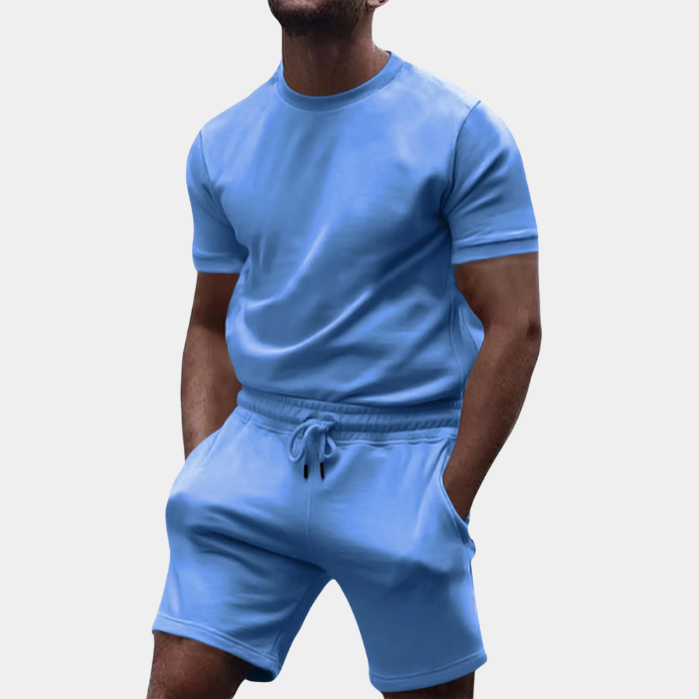 Men's gray cotton casual set lightweight tee and matching shorts minimalist loungewear two-piece