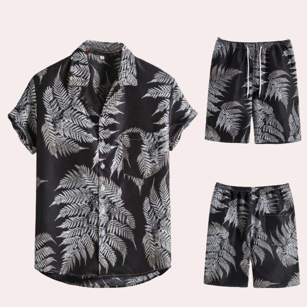 Men's vibrant Hawaiian two-piece cotton set, airy short-sleeve shirt and shorts for summer festivals