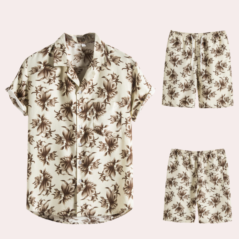 Men's vibrant Hawaiian two-piece cotton set, airy short sleeve shirt and shorts for summer festivals