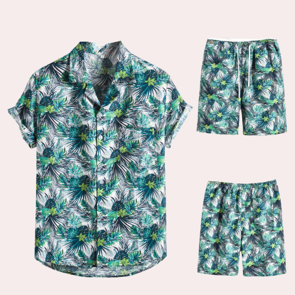 Men's vibrant Hawaiian two-piece cotton set, airy short-sleeve shirt and shorts for summer festivals