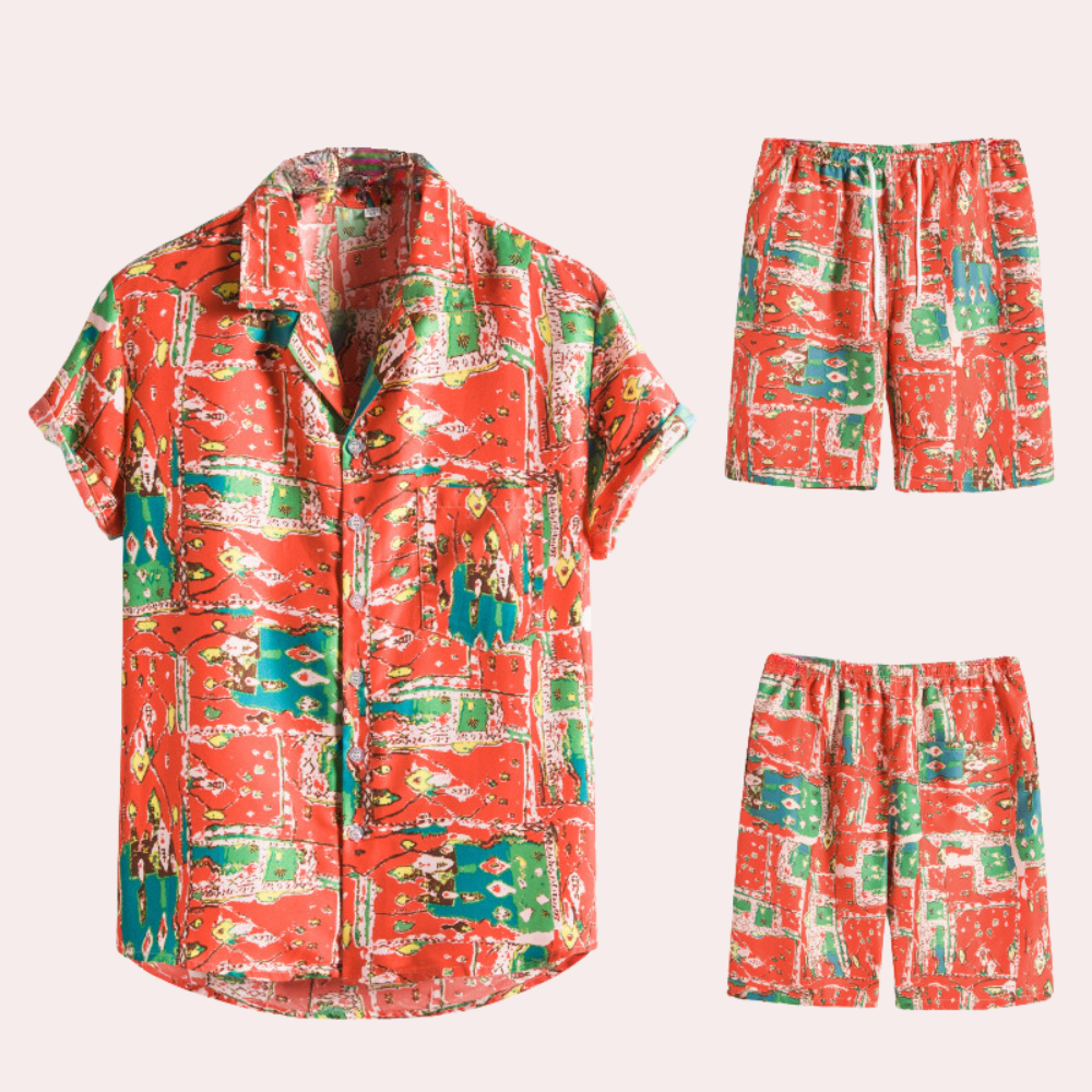 Men's vibrant Hawaiian two-piece cotton set, airy short-sleeve shirt and shorts for summer festivals