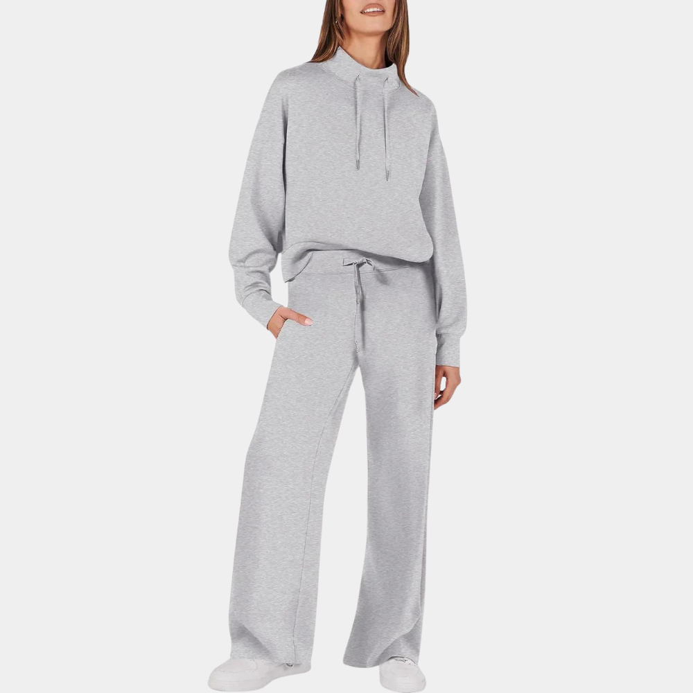 Women's two-piece set in neutral tones, chic clean-line silhouette with comfortable sustainable fit