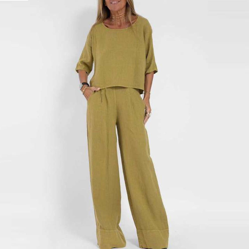 Women's loose cotton linen two-piece set in neutral tones, breathable relaxed-fit casual fashion ensemble