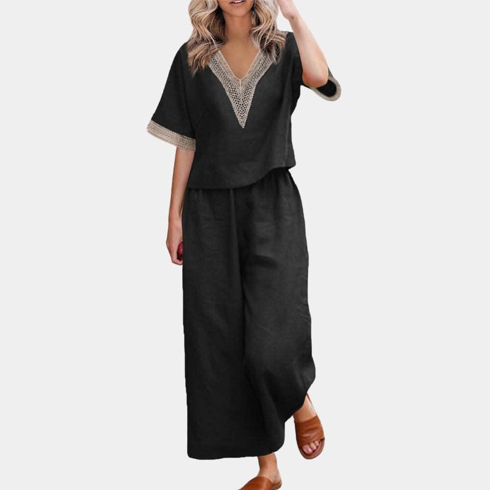 Black women's two-piece set elegant regular fit short sleeve polished sophisticated everyday style