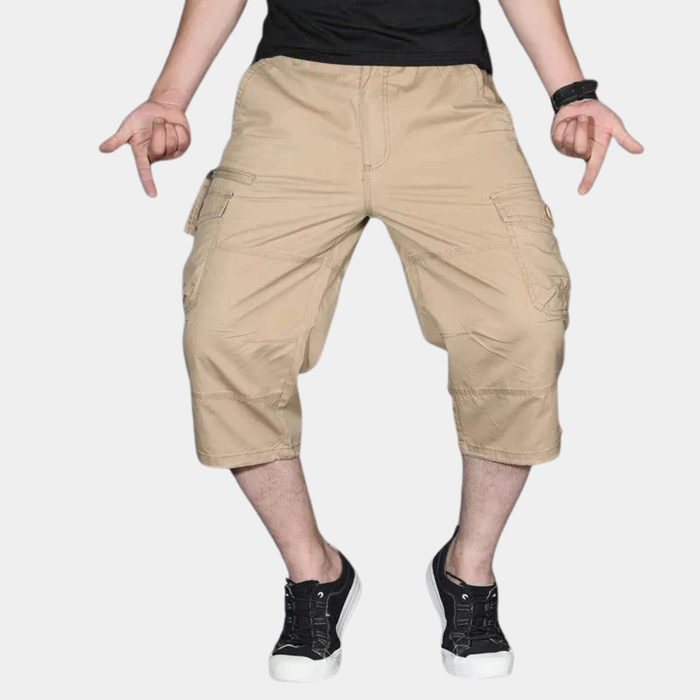 Men's khaki 3/4 cargo pants relaxed fit lightweight breathable fabric with utility pockets